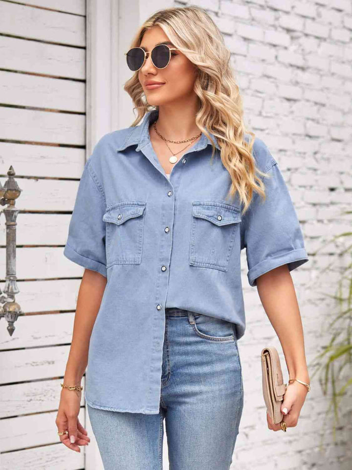 Collared Neck Short Sleeve Denim Jacket | 1mrk.com