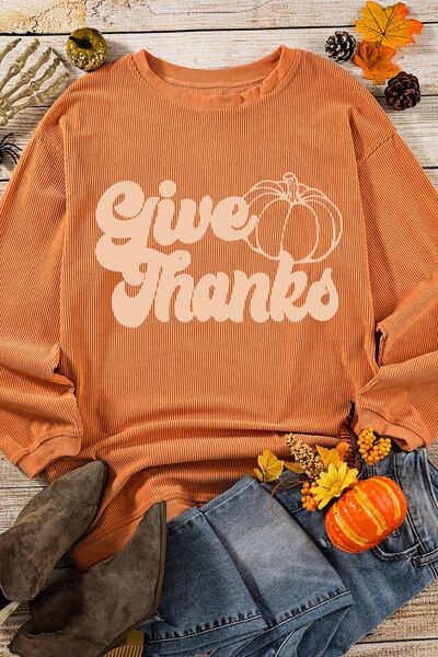 GIVE THANKS Ribbed Round Neck Sweatshirt | Trendsi