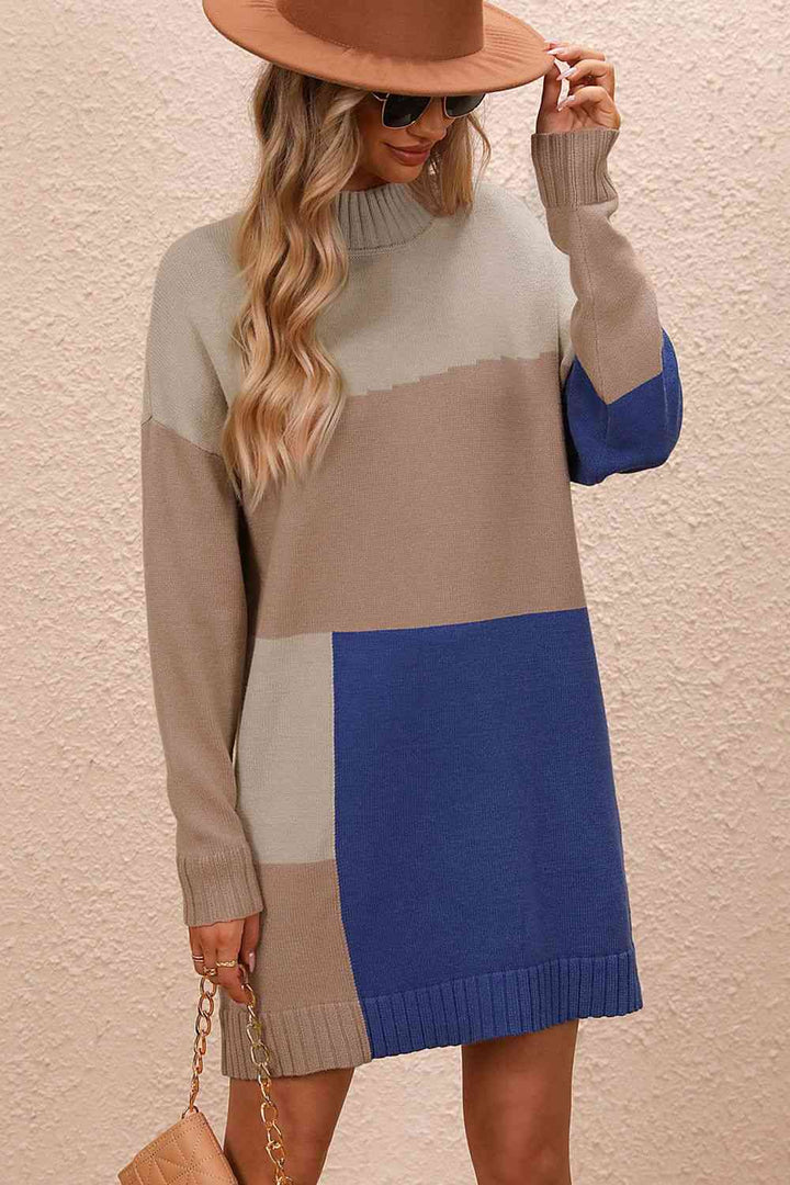 Color Block Mock Neck Dropped Shoulder Sweater Dress | 1mrk.com