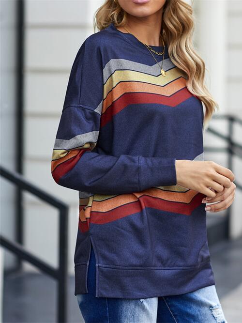 Striped Dropped Shoulder Slit Sweatshirt |1mrk.com