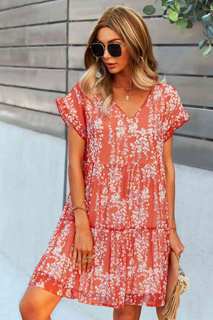 Printed V-Neck Short Sleeve Tiered Dress |1mrk.com