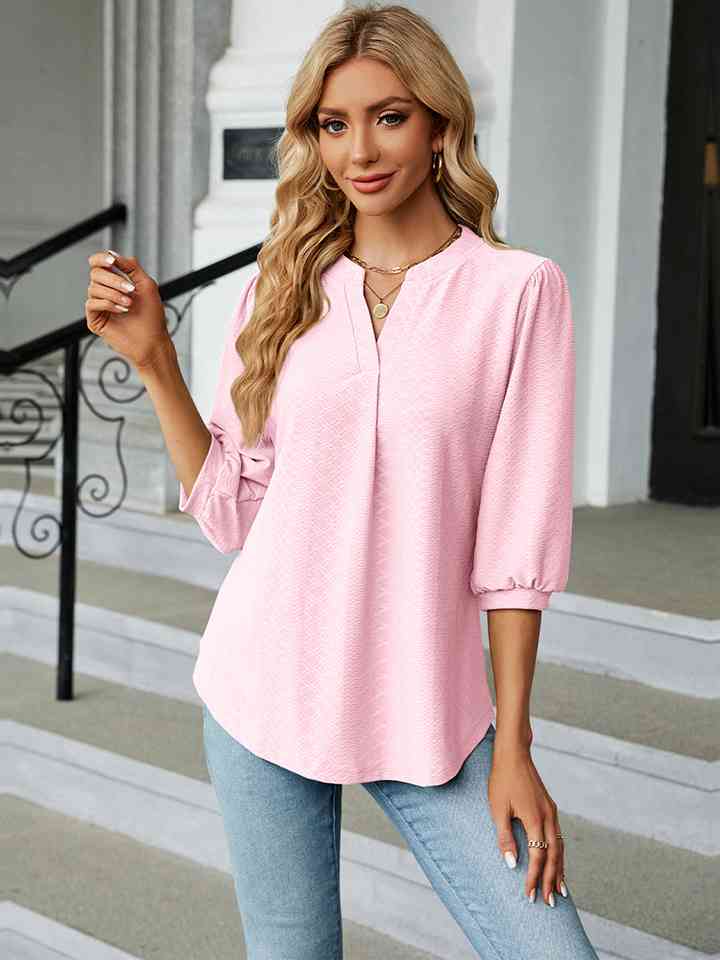 Notched Neck Three-Quarter Sleeve Blouse | 1mrk.com