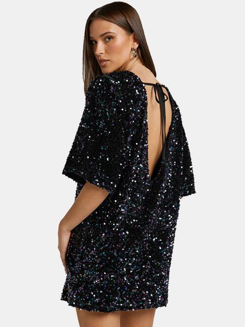 Sequin Tie Back Half Sleeve Mini Dress |1mrk.com