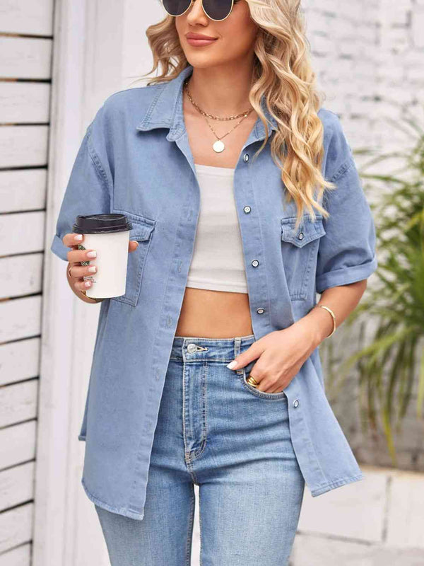 Collared Neck Short Sleeve Denim Jacket | 1mrk.com