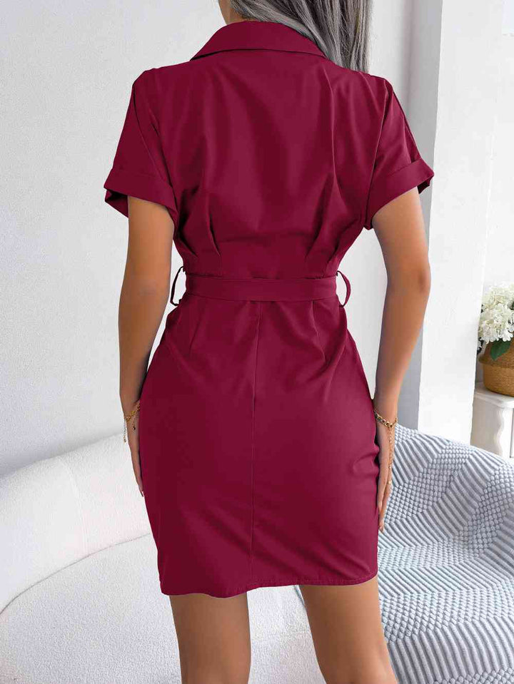 Button Down Ruched Tie Belt Dress |1mrk.com