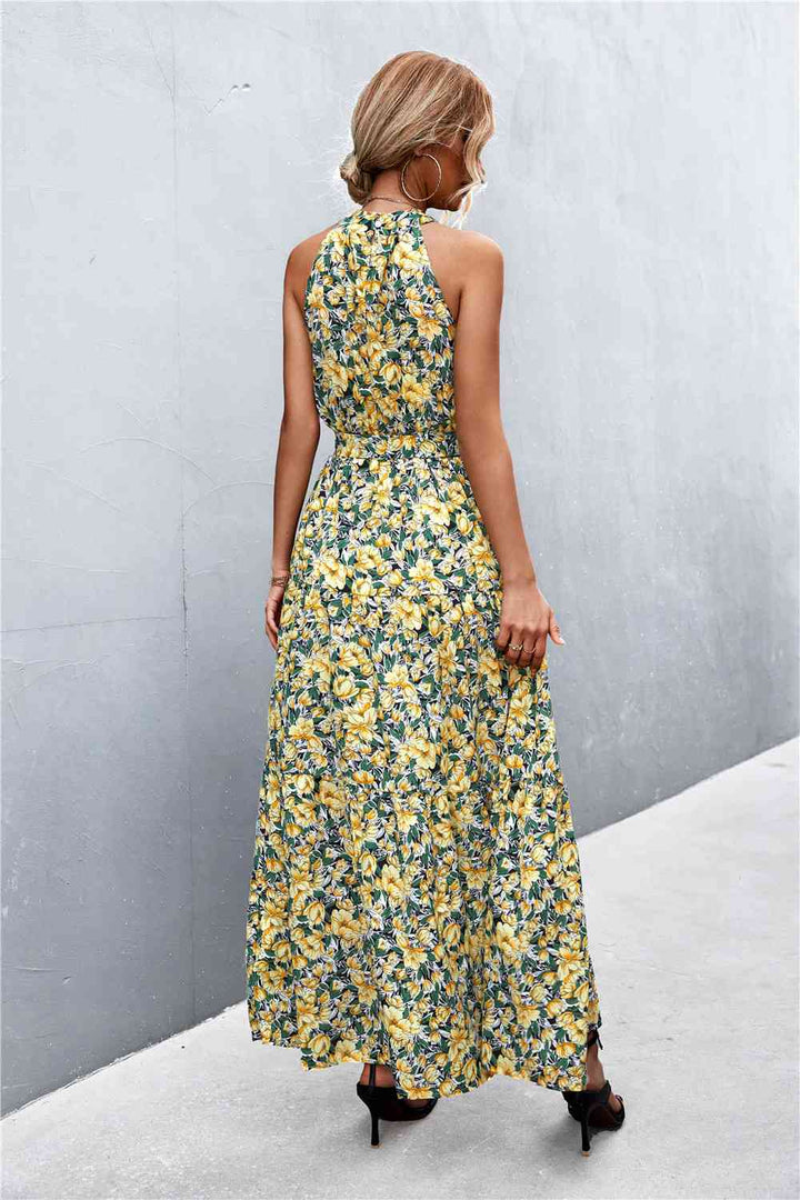 Printed Sleeveless Tie Waist Maxi Dress |1mrk.com