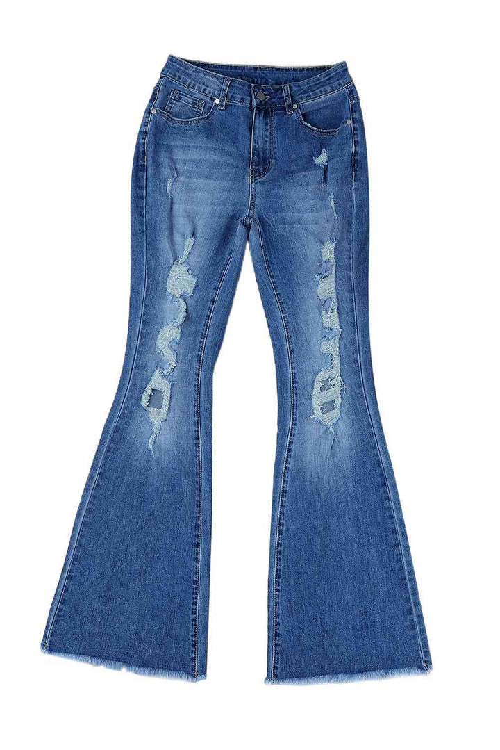 Distressed Frayed Hem Flare Jeans | 1mrk.com