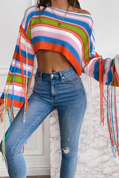 Fringe Striped Round Neck Knit Top | Trendsi