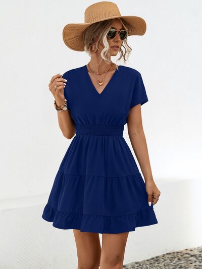 Ruffled Smocked V-Neck Tiered Dress |1mrk.com