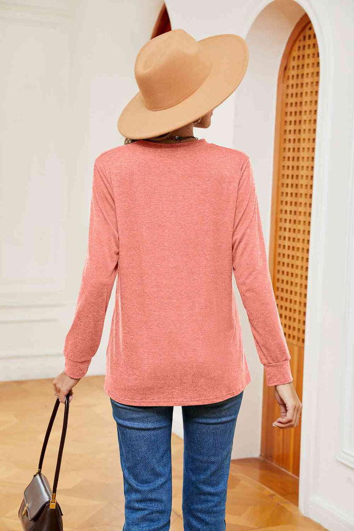 Buttoned Notched Neck Long Sleeve Top | 1mrk.com