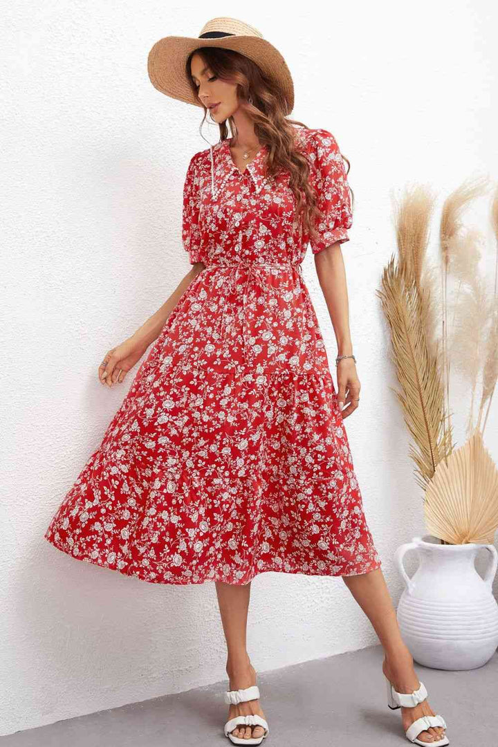 Floral Tie Waist Puff Sleeve Midi Dress |1mrk.com