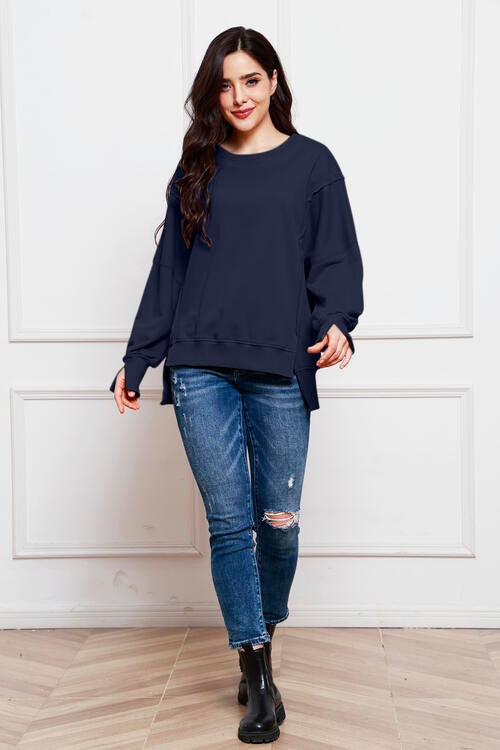 Exposed Seam Long Sleeve Slit Sweatshirt |1mrk.com