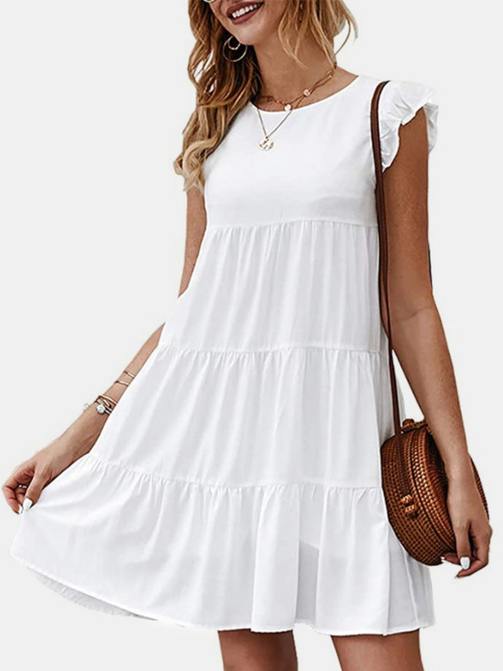 Ruffled Round Neck Cap Sleeve Mini Dress | Trendsi