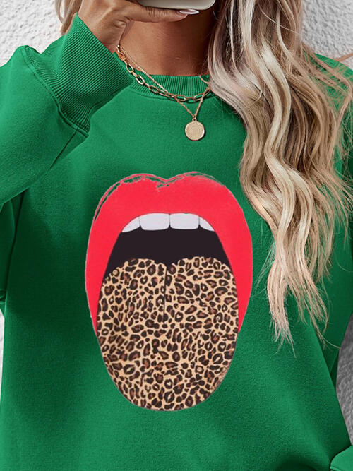 Leopard Lip Graphic Round Neck Sweatshirt |1mrk.com