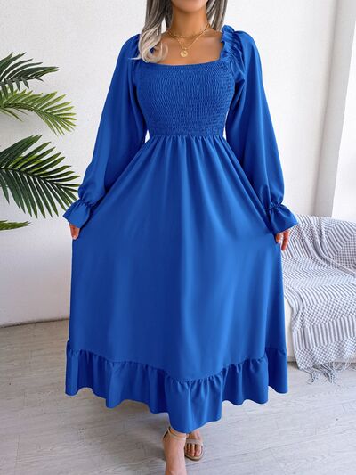 Smocked Square Neck Flounce Sleeve Dress |1mrk.com