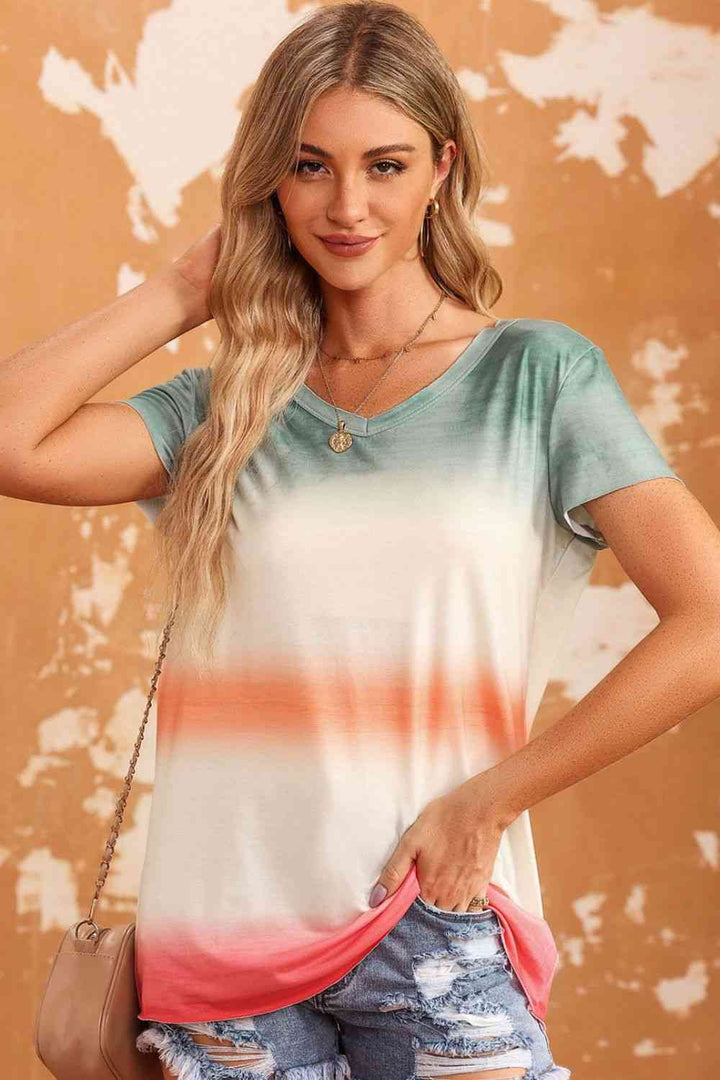 Double Take Tie-Dye V-Neck Short Sleeve Tee | 1mrk.com