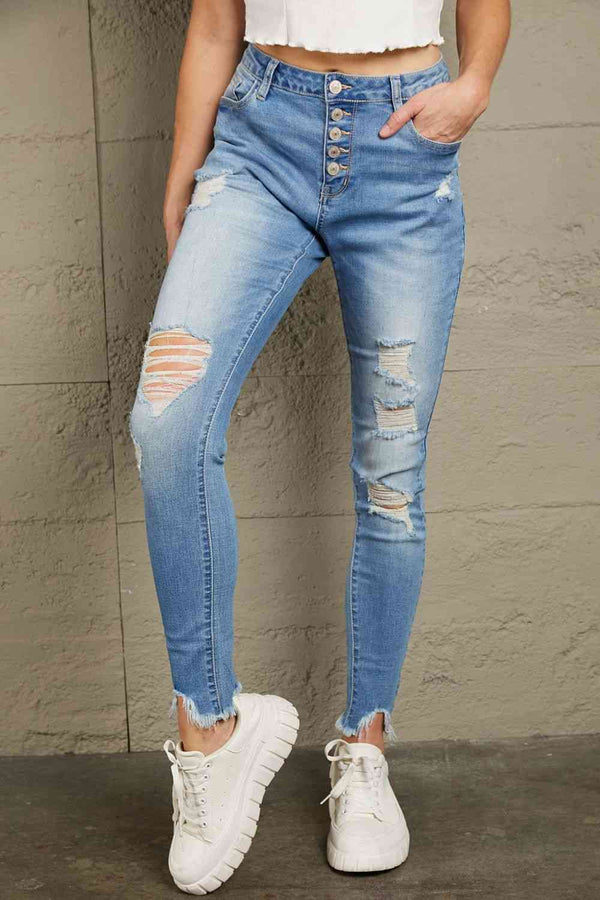 Baeful Button Front Frayed Ankle Skinny Jeans |1mrk.com