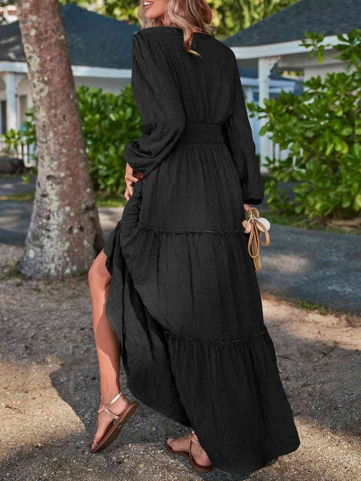 Smocked Waist V-Neck Maxi Dress |1mrk.com