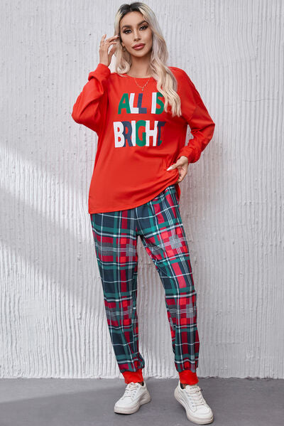 ALL IS BRIGHT Round Neck Top and Plaid Pants Lounge Set | Trendsi