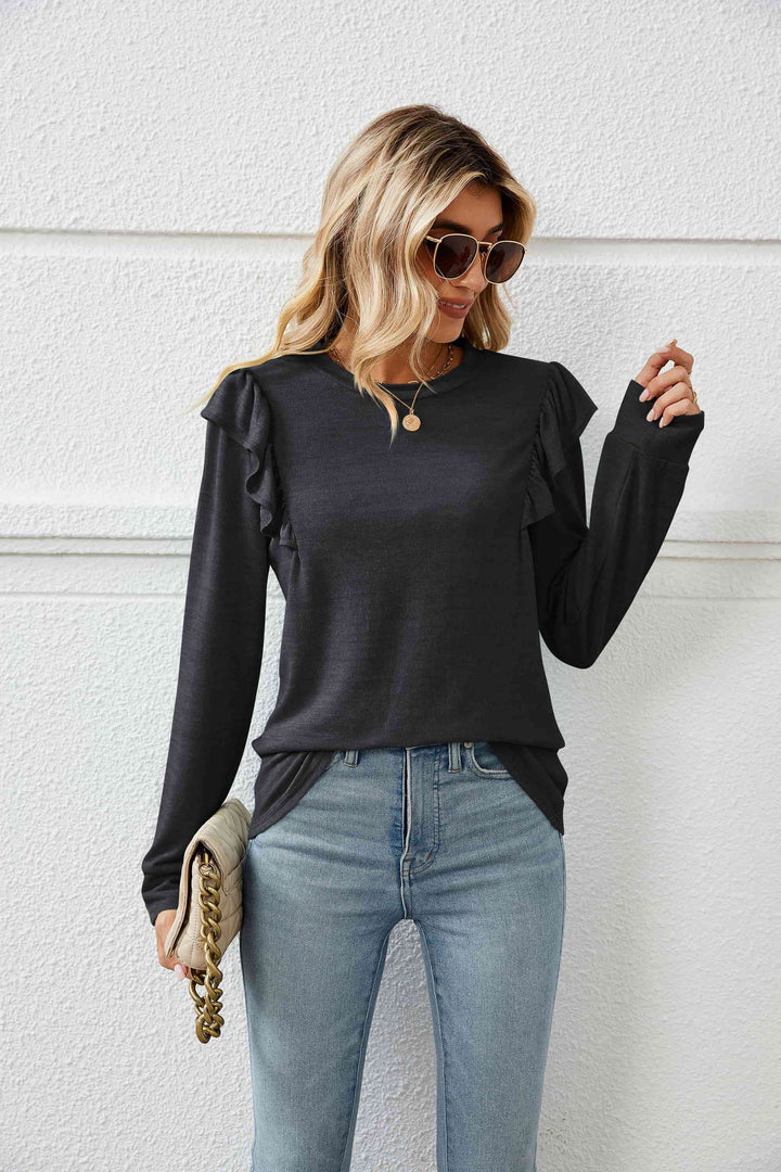 Ruffle Shoulder Long Sleeve T-Shirt | 1mrk.com