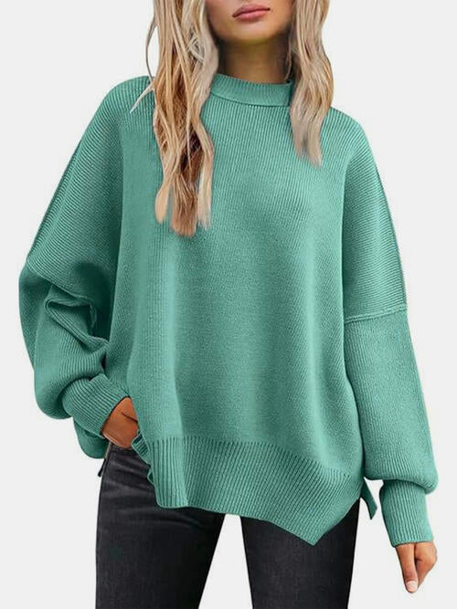 Round Neck Drop Shoulder Slit Sweater |1mrk.com