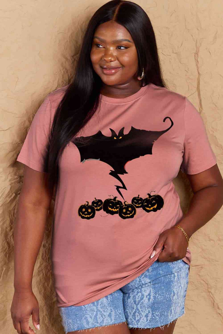 Simply Love Full Size Bat & Pumpkin Graphic Cotton T-Shirt | 1mrk.com