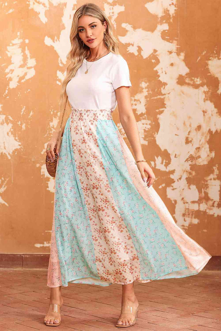 Floral Color Block Smocked Waist Maxi Skirt |1mrk.com