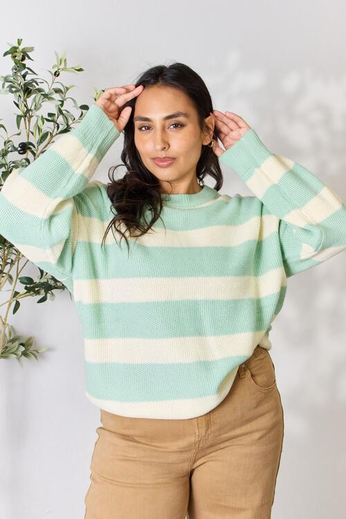 Sew In Love Full Size Contrast Striped Round Neck Sweater |1mrk.com