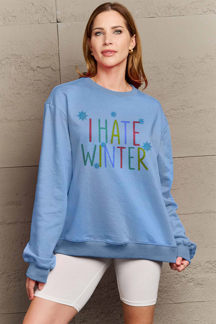 Simply Love Full Size I HATE WINTER Dropped Shoulder Sweatshirt | Trendsi