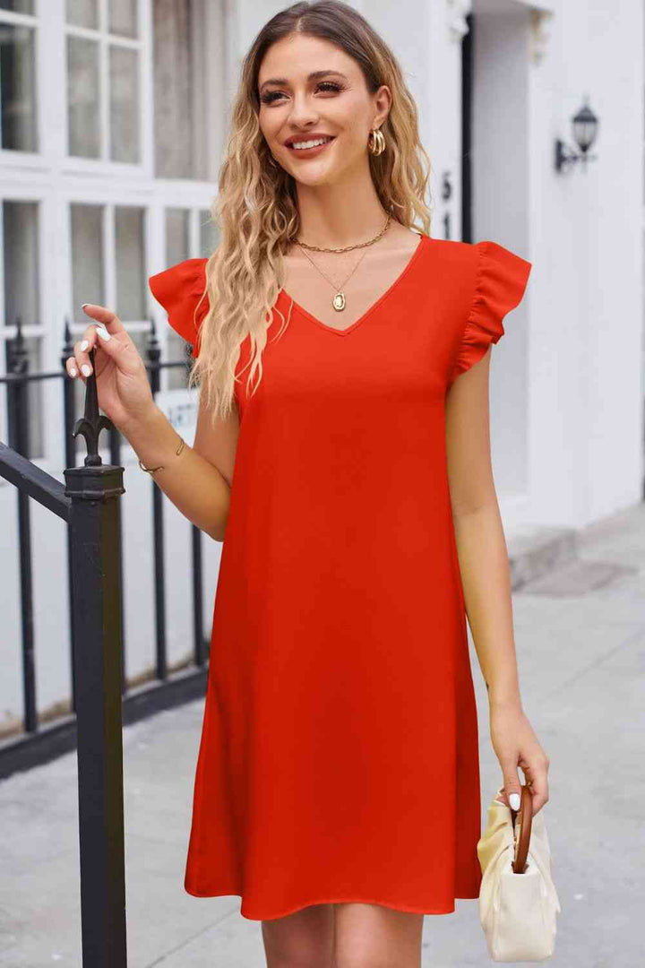 Ruffled V-Neck Flutter Sleeve Dress |1mrk.com