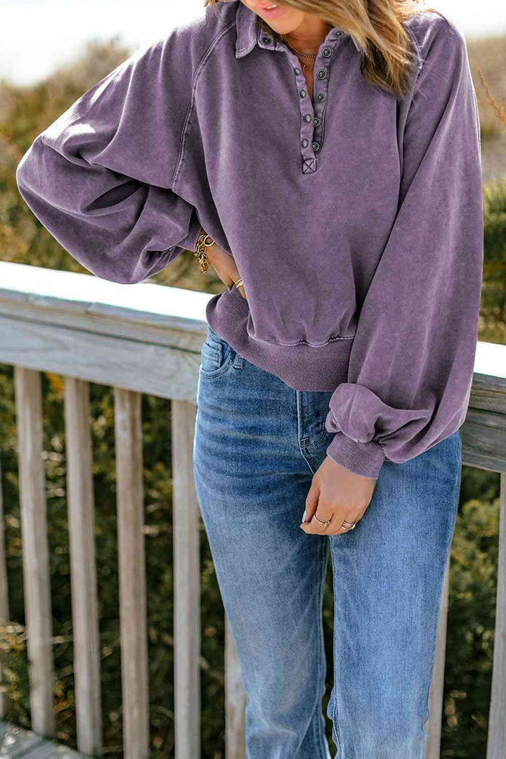 Quarter-Snap Collared Lantern Sleeve Sweatshirt |1mrk.com