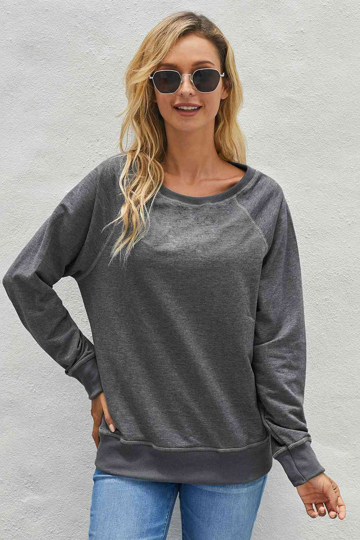 Round Neck Raglan Sleeve Exposed Seam Sweatshirt |1mrk.com