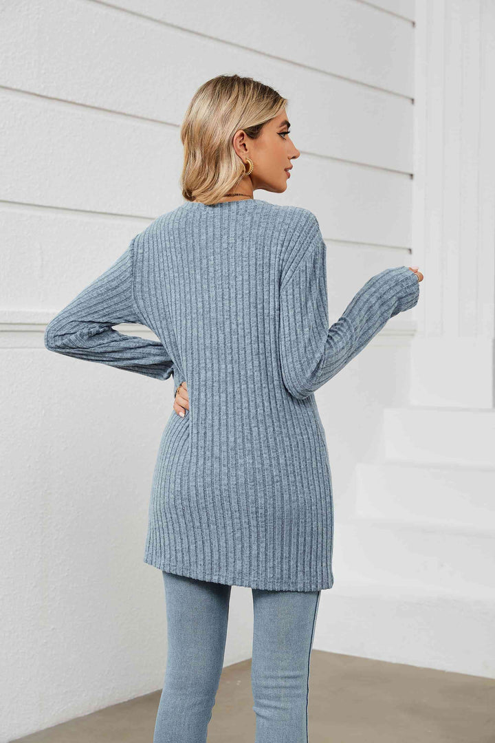 Notched Neck Ribbed Long Sleeve T-Shirt | 1mrk.com