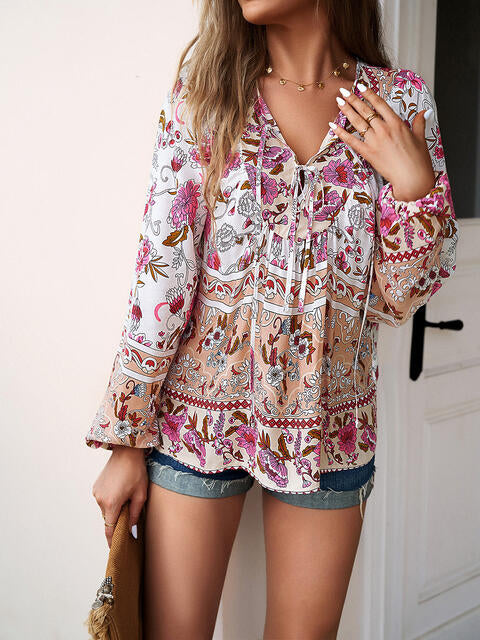 Floral Tie Neck Puff Sleeve Blouse | 1mrk.com