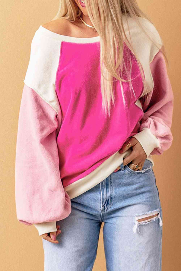 Round Neck Dropped Shoulder Color Block Sweatshirt |1mrk.com