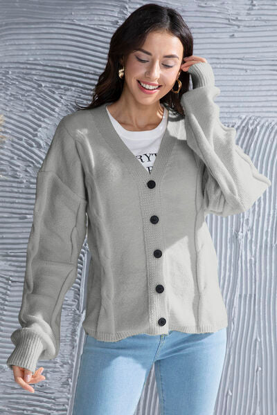 Button Up V-Neck Drop Shoulder Long Sleeve Cardigan |1mrk.com