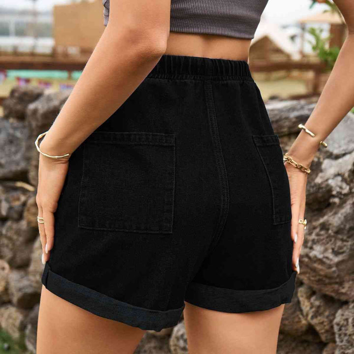 Drawstring High Waist Denim Shorts with Pockets |1mrk.com