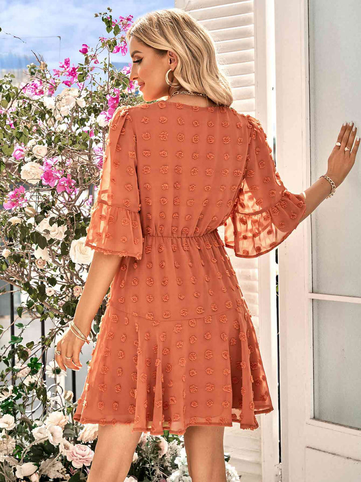 Swiss Dot Flounce Sleeve V-Neck Dress |1mrk.com