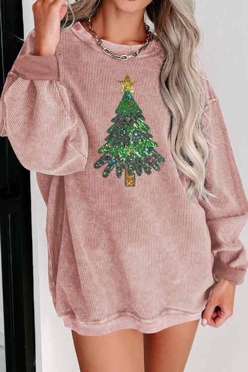 Sequin Christmas Tree Ribbed Drop Shoulder Sweatshirt |1mrk.com