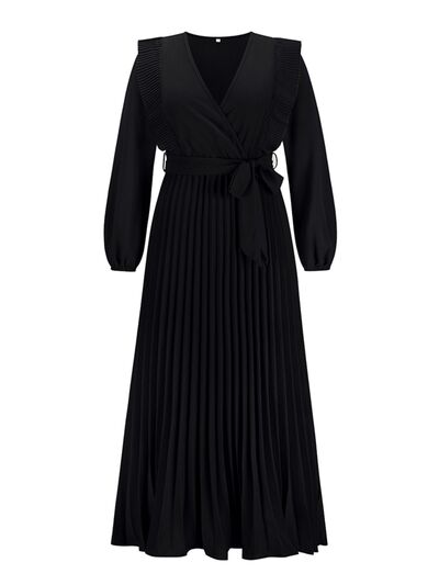 Pleated Surplice Tie Waist Maxi Dress |1mrk.com