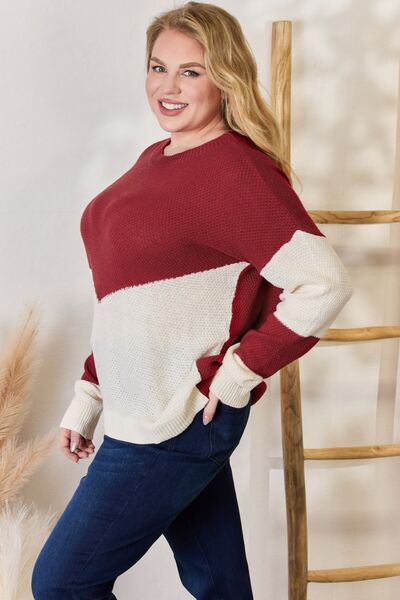 Hailey & Co Full Size Color Block Dropped Shoulder Knit Top |1mrk.com