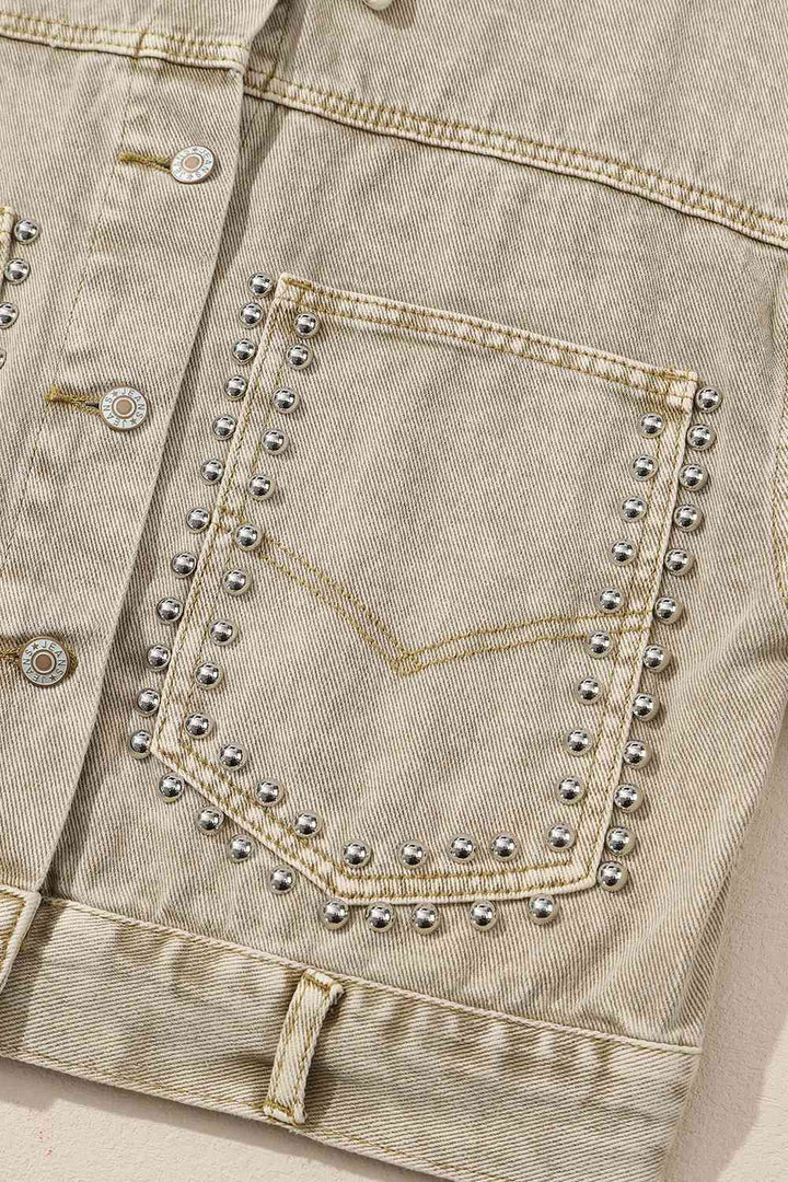 Studded Collared Neck Denim Jacket with Pockets | 1mrk.com