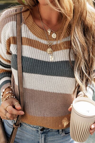 Striped Round Neck Dropped Shoulder Sweater |1mrk.com