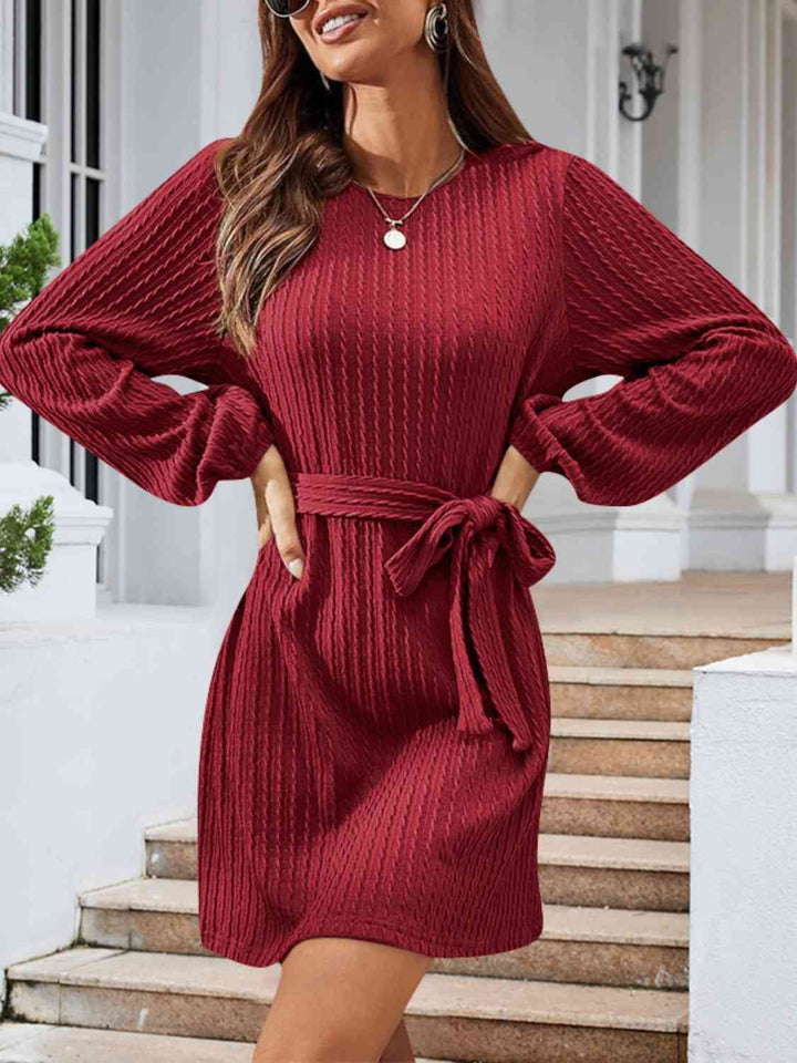 Round Neck Tie Front Long Sleeve Dress | 1mrk.com