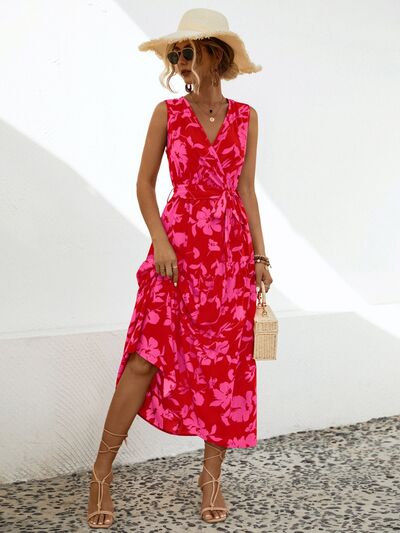 Tied Printed Surplice Tiered Dress |1mrk.com