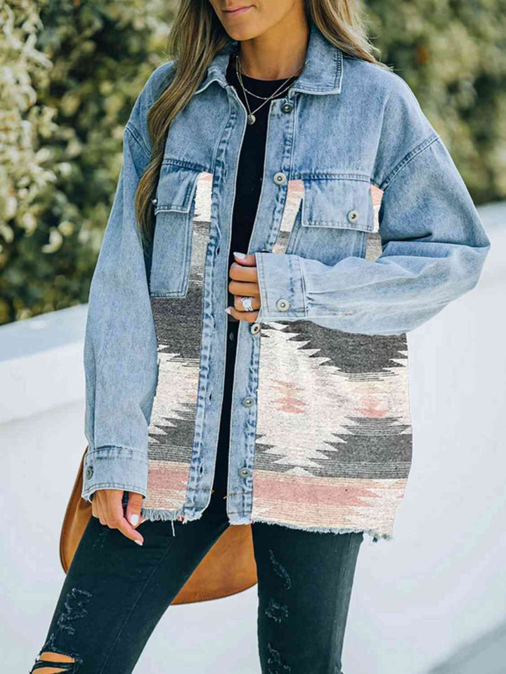 Collared Neck Dropped Shoulder Denim Jacket | 1mrk.com