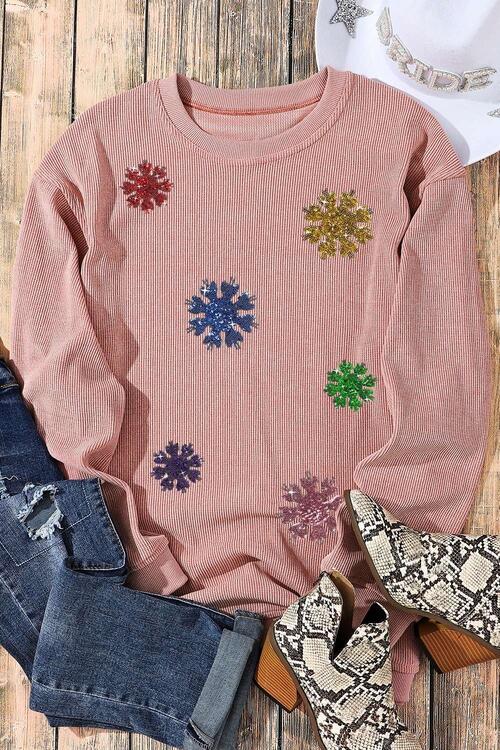 Sequin Snowflake Round Neck Sweatshirt | Trendsi