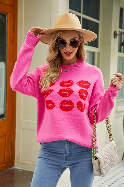 Contrast Lip Pattern Round Neck Slit Sweater |1mrk.com