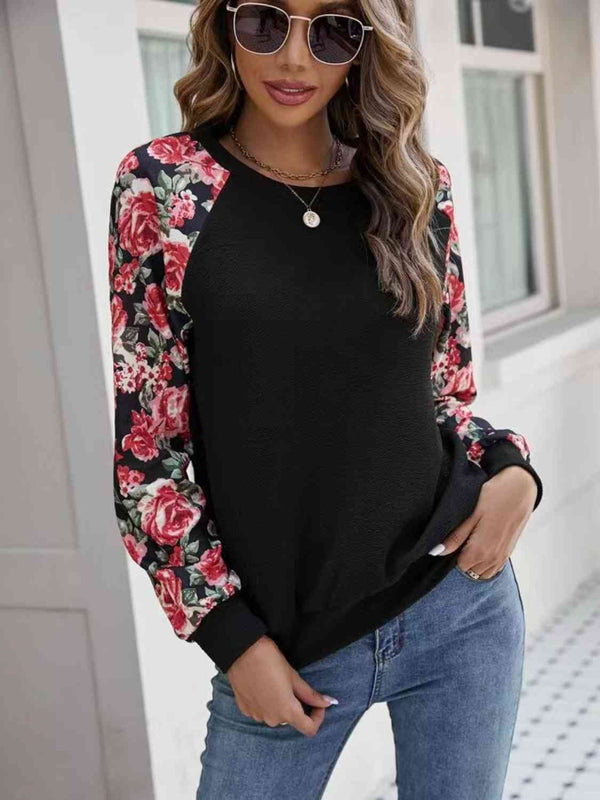 Floral Raglan Sleeve Round Neck Sweatshirt | 1mrk.com