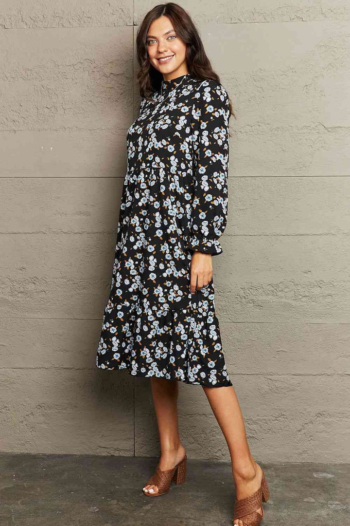 Printed Round Neck Flounce Sleeve Dress |1mrk.com